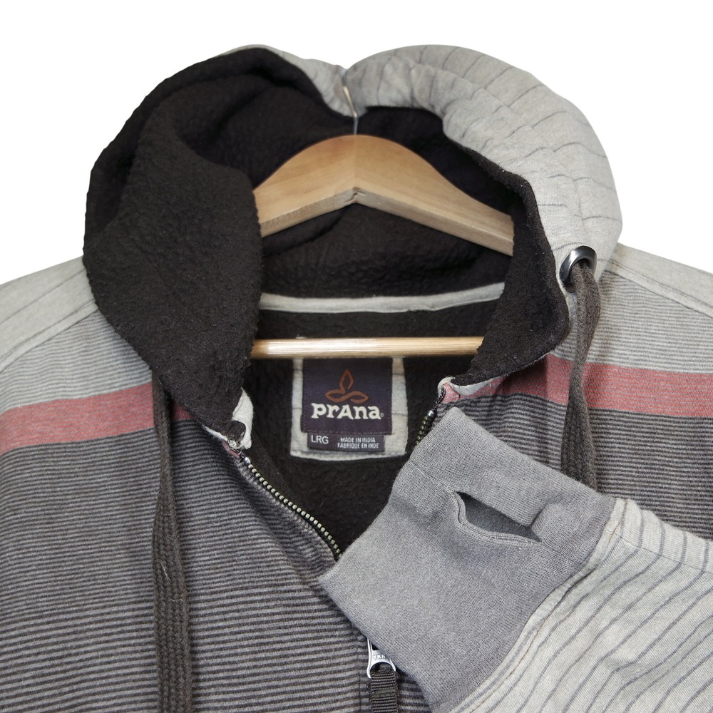 Prana Breathe Mens Large Organic Cotton Striped Full Zip Hoodie Grey Gorpcore